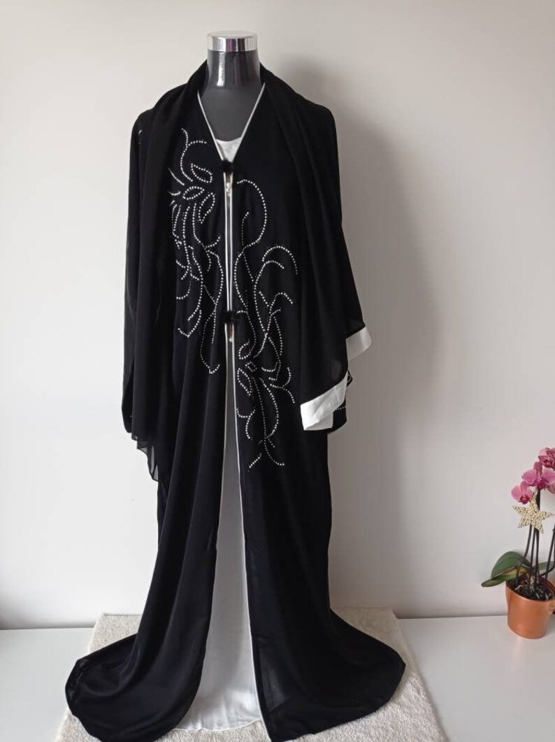 Kimono dress moroccan black and white Long oriental abaya dress with beads and flared sleeves