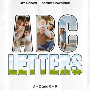 Alfabetos e números DIY no Canva. Alfabeto e números fáceis de arrastar e soltar, designs de molduras de imagem do Canva