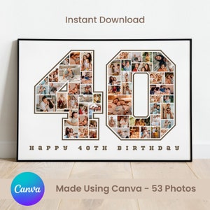 Placa de aniversário de 40 anos: comemorando os 40, quadro de colagem de fotos personalizável, pôster de montagem de fotos personalizado, download digital faça você mesmo
