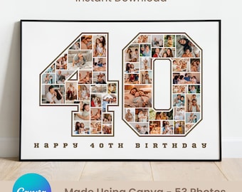 40th Birthday Sign: Celebrating the 40, Personalizable Picture Collage Board, Custom Photo Montage Poster, DIY Digital Download