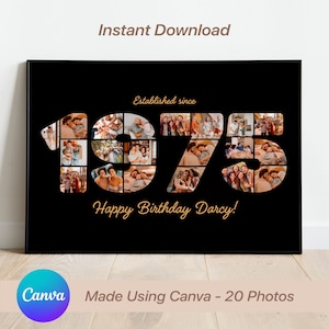 poster editável de 1975 aniversários | Modelo Canva | 49º presente de aniversário | Design personalizado nascido no ano | Modelo de colagem retrô