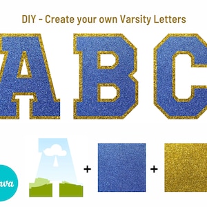 Letras de camisa esportiva DIY Varsity no Canva. Alfabeto e números fáceis de arrastar e soltar, designs de molduras de imagem do Canva