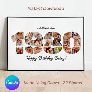 Pôster editável de 1980 aniversários | Modelo Canva | 44º presente de aniversário | Design personalizado nascido no ano | Modelo de colagem retrô