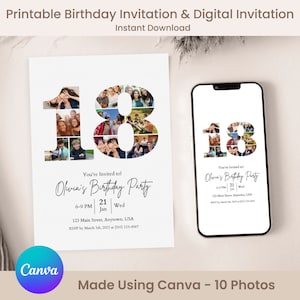 Minimalistische Fotoeinladung zum 18. Geburtstag Einfach per ziehen & ablegen - DIY on Canva. Achtzehn Geburtstagseinladung, Nummer 18 Digitale Einladung