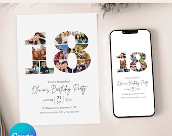 Minimalist 18th Year Birthday Photo Invitation Easy drag and Drop - DIY on Canva. Eighteen Birthday Invitation, Number 18 Digital Invitation