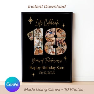 18th Birthday Sign: Celebrating the 18, Personalizable Picture Collage Board, Custom Photo Montage Poster, DIY Digital Download