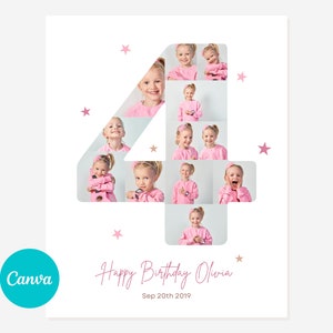 4th Year Birthday Photo Collage Easy drag and Drop - DIY on Canva. Forth Birthday Poster, Number Four Poster 16x20