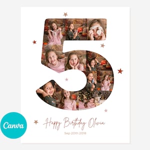 5.Jahres-Geburtstag Fotocollage Einfach per ziehen & ablegen - DIY on Canva. Fünftes Geburtstagsposter, Zahl Fünf Poster 16x20