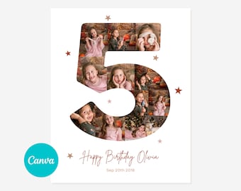 5th Year Birthday Photo Collage Easy drag and Drop - DIY on Canva. Fifth Birthday Poster, Number Five Poster 16x20