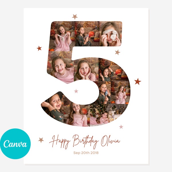 5th Year Birthday Photo Collage Easy drag and Drop - DIY on Canva. Fifth Birthday Poster, Number Five Poster 16x20