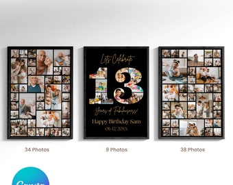 Può includere: Tre stampe di collage di foto incorniciate in nero con sfondo nero. La stampa centrale presenta un numero 13 dorato con foto di persone all'interno del numero. Il testo "Let's Celebrate" è sopra il numero e "Years of Fabulosness!" è sotto il numero. Il testo "Happy Birthday Sam" è sotto e la data "06/12/20XX" è sotto. Le stampe a sinistra e a destra presentano un collage di foto di persone. Il testo "34 Photos" è sotto la stampa a sinistra, "9 Photos" è sotto la stampa centrale e "38 Photos" è sotto la stampa a destra. Il testo "Canva" è sotto le stampe e il testo "Made Using Canva" è sotto.