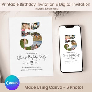 Minimalistische Fotoeinladung für 5 Jahre Geburtstag Einfach per ziehen & ablegen - DIY on Canva. Fünfte Geburtstagseinladung, Nummer fünf digitale Einladung