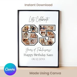 Sinal do 65º aniversário: comemorando os 65 anos, quadro de colagem de imagens personalizável, pôster de montagem de fotos personalizado, download digital DIY