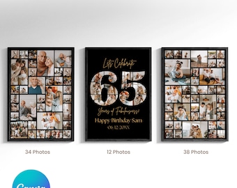 65th Year Birthday Photo Collage Easy drag and Drop - DIY on Canva. Sixty Five Birthday Poster, Number 65 Poster