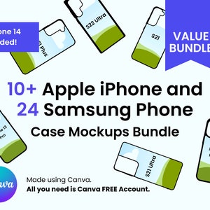 Value Bundle - 10+ Apple iPhone and 24 Samsung Phone Case Canva Mockup, Sublimation Samsung Case Mock Up, 2D Flat Case, Canva File
