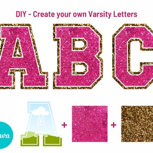Letras de camisas esportivas universitárias faça você mesmo no Canva. Alfabeto e números fáceis de arrastar e soltar, designs de molduras para imagens no Canva.