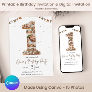 Invitation photo d'anniversaire de 1re année par glisser-déposer facile - DIY sur Canva. Faire-part premier anniversaire, faire-part numérique numéro un