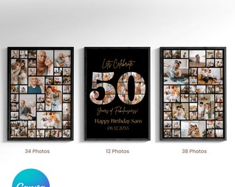 50th Year Birthday Photo Collage Easy drag and Drop - DIY on Canva. Fifty Birthday Poster, Number 50 Poster