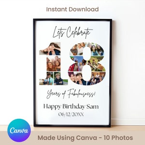 Signo de cumpleaños número 18: Celebrando los 18, tablero de collage de imágenes personalizable, póster de montaje fotográfico personalizado, descarga digital de bricolaje