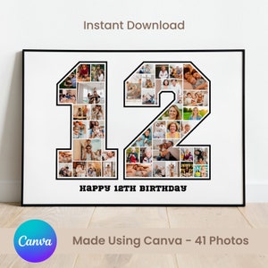 Collage photo 12e anniversaire : Célébration des 12 ans, collage photo personnalisable, affiche photo montage personnalisée, cadeaux pour lui, cadeaux pour elle