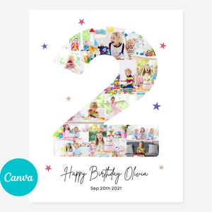 Colagem de fotos de aniversário de 2º ano Fácil arrastar e soltar - DIY no Canva. Pôster do segundo aniversário, pôster número dois 16x20
