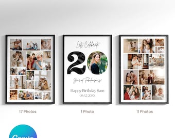 20th Birthday Sign: Celebrating the 20, Personalizable Picture Collage Board, Custom Photo Montage Poster, DIY Digital Download