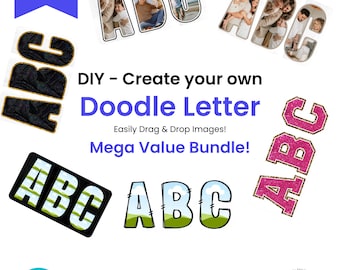 May include: A digital download of doodle letter templates for Canva. The image shows several examples of the letters A, B, and C with different designs and colors. The text on the image reads "DIY - Create your own Doodle Letter. Easily Drag & Drop Images! Mega Value Bundle!"