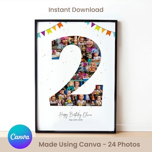 2nd Year Birthday Photo Collage Easy drag and Drop - DIY on Canva. Second Birthday Poster, Number Two Poster