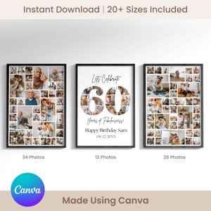 60th Birthday Sign: Celebrating the 60, Personalizable Picture Collage Board, Custom Photo Montage Poster, DIY Digital Download