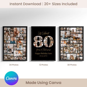 80. Geburtstag Foto Collage Einfaches ziehen und ablegen - DIY on Canva. Eighty Birthday Poster, Zahl 80 Poster