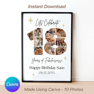 18th Birthday Sign: Celebrating the 18, Personalizable Picture Collage Board, Custom Photo Montage Poster, DIY Digital Download