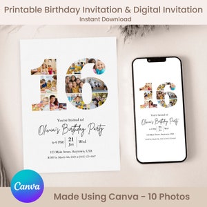 Minimalistische Fotoeinladung zum 16.Jahre-Geburtstag Einfach per ziehen und ablegen - DIY on Canva. Sechzehn Geburtstagseinladung, Nummer 16 Digitale Einladung