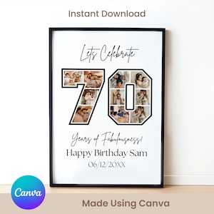 Schild zum 70. Geburtstag: Wir feiern den 70., personalisierbare Bild-Collage-Tafel, individuelles Fotomontage-Poster, DIY-Digital-Download