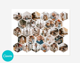 Plantilla de collage de fotos de panal - Hazlo tú mismo en Canva. Plantilla de collage de fotos de 8x10. Collage de forma hexagonal. Collage de 28 imágenes fácil de arrastrar y soltar.
