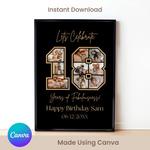 18th Birthday Sign: Celebrating the 18, Personalizable Picture Collage Board, Custom Photo Montage Poster, DIY Digital Download