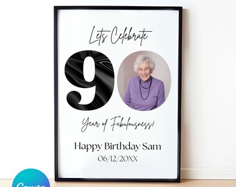 May include: A framed birthday print with the text "Let's Celebrate 90 Year of Fabulousness! Happy Birthday Sam 06/12/20XX." The number 90 is black with a silk-like texture. A photo of a smiling elderly woman is in a circle.