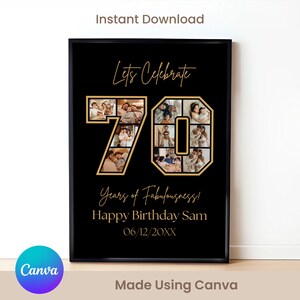 Schild zum 70. Geburtstag: Wir feiern den 70., personalisierbare Bild-Collage-Tafel, individuelles Fotomontage-Poster, DIY-Digital-Download