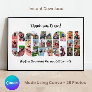 Op de afbeelding: Een downloadbare digitale print van een bedankcadeau voor een coach. Het woord "COACH" is gemaakt van 28 foto's van atleten in verschillende sporten. De tekst "Bedankt Coach! Champions begeleiden op en naast het veld" staat onder de collage. De tekst "Gemaakt met Canva - 28 foto's" staat onder de collage.