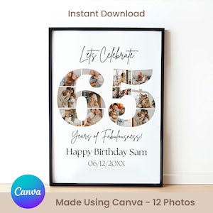Sinal do 65º aniversário: comemorando os 65 anos, quadro de colagem de imagens personalizável, pôster de montagem de fotos personalizado, download digital DIY