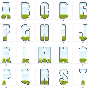 May include: A set of alphabet letters with a landscape design. Each letter is outlined in black and filled with a green field, blue sky, and white clouds.