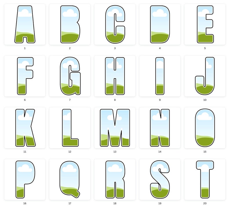 May include: A set of alphabet letters with a landscape design. Each letter is outlined in black and filled with a green field, blue sky, and white clouds.