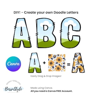May include: DIY! Create your own doodle letters using Canva. The image shows a set of three doodle letters, A, B, and C, with a blue sky and green grass background. The letters are outlined in black and have a white cloud in the sky. The image also shows a tutorial on how to create a doodle letter using Canva, with a blue sky letter A, a sunflower pattern, and a sunflower pattern letter A.