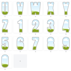 May include: A set of alphabet letters and numbers with a blue sky, white clouds, and green grass background. The letters and numbers are outlined in black and have a white outline.