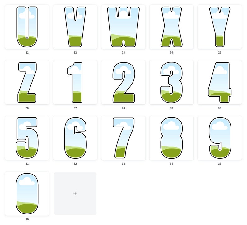 May include: A set of alphabet letters and numbers with a blue sky, white clouds, and green grass background. The letters and numbers are outlined in black and have a white outline.