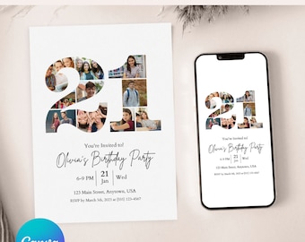 Minimalist 21th Year Birthday Photo Invitation Easy drag and Drop - DIY on Canva. Twenty First Birthday Invitation, Number 21 Invitation