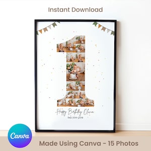 1st Year Birthday Photo Collage Easy drag and Drop - DIY on Canva. First Birthday Poster, Number One Poster