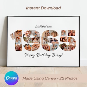 Könnte beinhalten: Ein weißes Poster mit schwarzem Rahmen, das eine Fotocollage aus 22 Fotos zeigt, die die Zahlen 1965 bilden. Der Text "Gegründet seit" steht über den Zahlen und "Alles Gute zum Geburtstag Darcy!" unter den Zahlen. Das Poster wurde mit Canva erstellt.