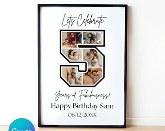 5th Birthday Sign: Celebrating the 5, Personalizable Picture Collage Board, Custom Photo Montage Poster, DIY Digital Download