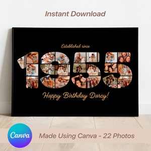 Póster de cumpleaños personalizado de 1955, Collage de fotos vintage, Regalo de cumpleaños número 69, Impresión personalizada del año de nacimiento, Arte de pared retro