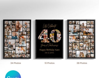 40th Birthday Sign: Celebrating the 40, Personalizable Picture Collage Board, Custom Photo Montage Poster, DIY Digital Download